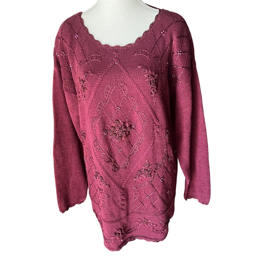 Vtg Selleca Women's Medium Beaded Embellished Knit Sweater Burgundy‎ Grandmacore